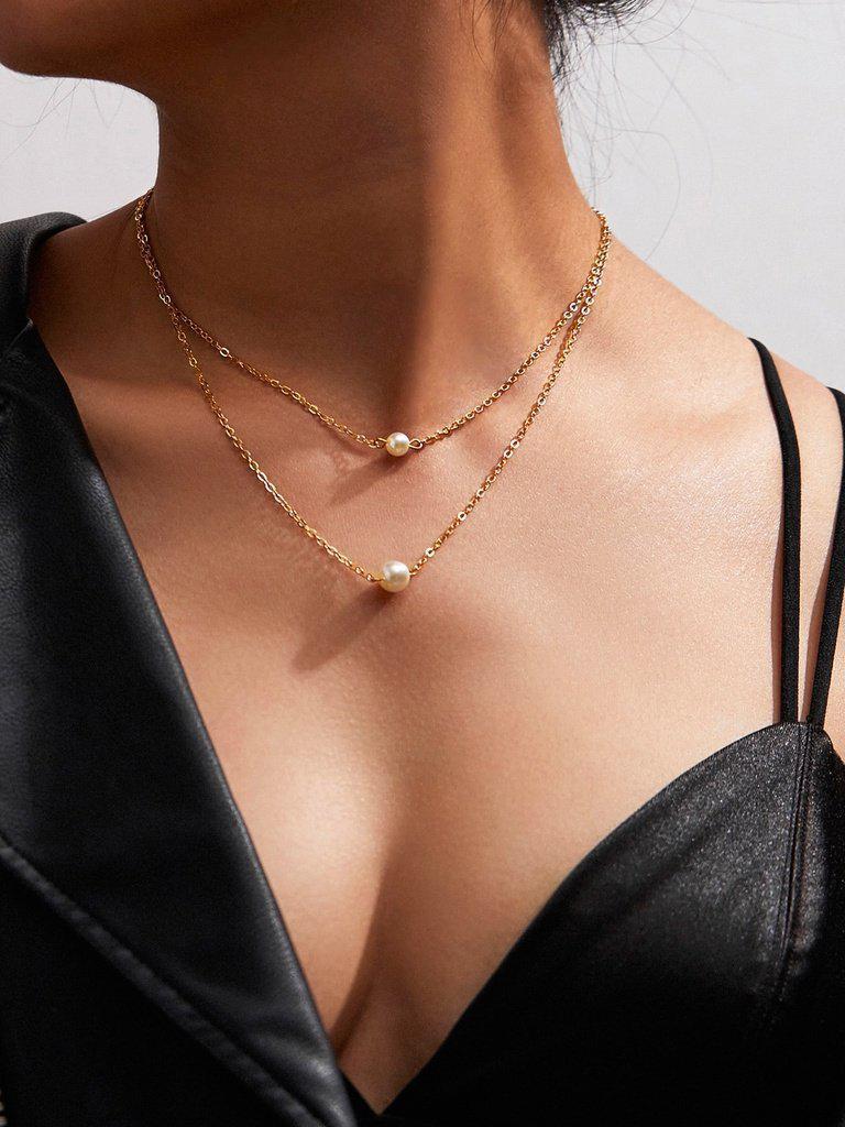 Faux Pearl Pendant Layered Chain Necklace-jewelry-Des Mess
