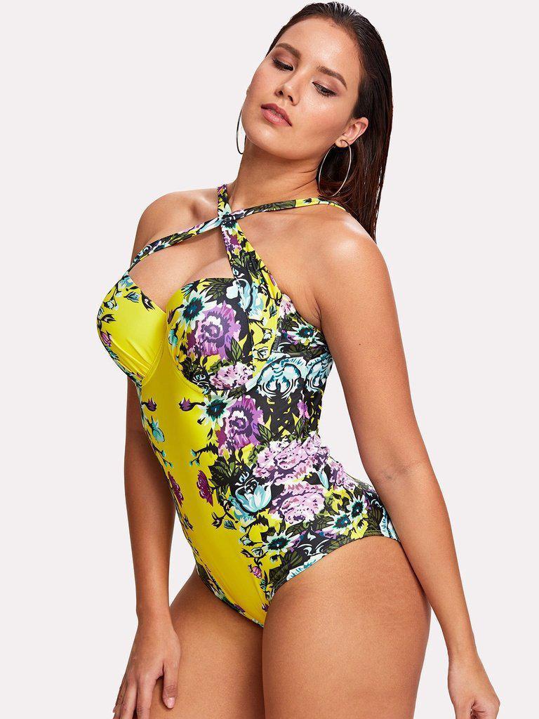 Flower Print Criss Cross Swimsuit-swimwear-Des Mess