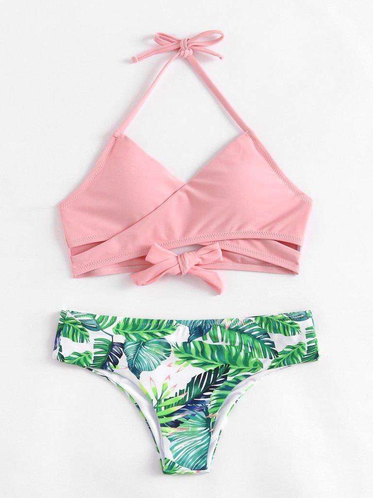 Palm Print Wrap Self Tie Bikini Set--Des Mess