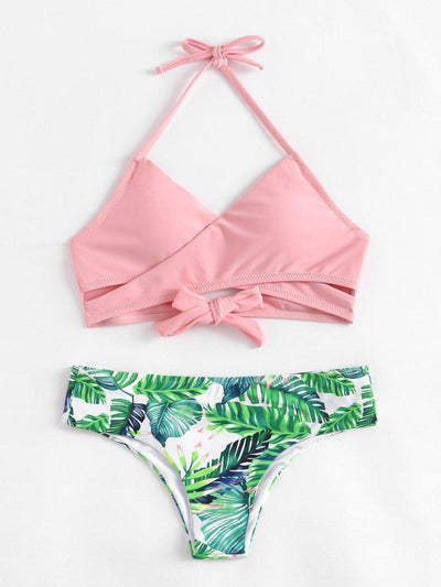 Palm Print Wrap Self Tie Bikini Set--Des Mess