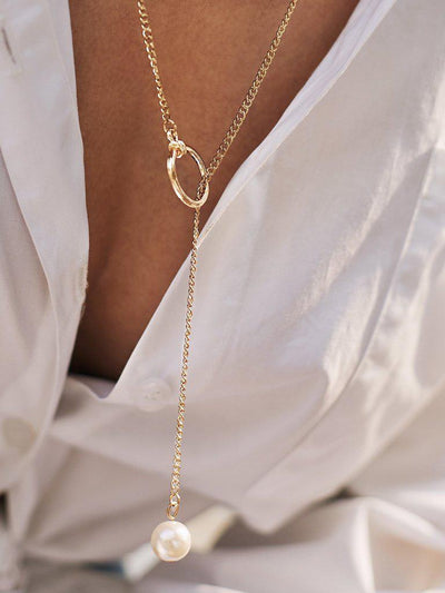 Faux Pearl Pendant Chain Necklace-jewelry-Des Mess