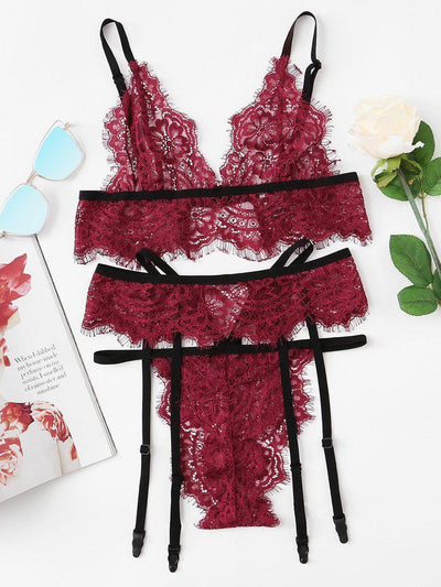 Eyelash Lace Bra And Garter Set-lingerie-Des Mess