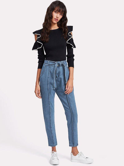 Seam Detail Self Tie Jeans-bottom-Des Mess