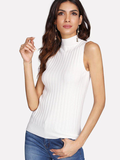 High Neck Ribbed Knit Sweater-outerwear-Des Mess