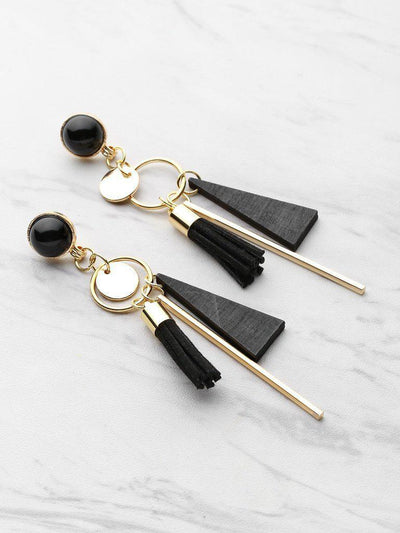 Triangle And Tassel Detail Drop Earrings With Gemstone-jewelry-Des Mess