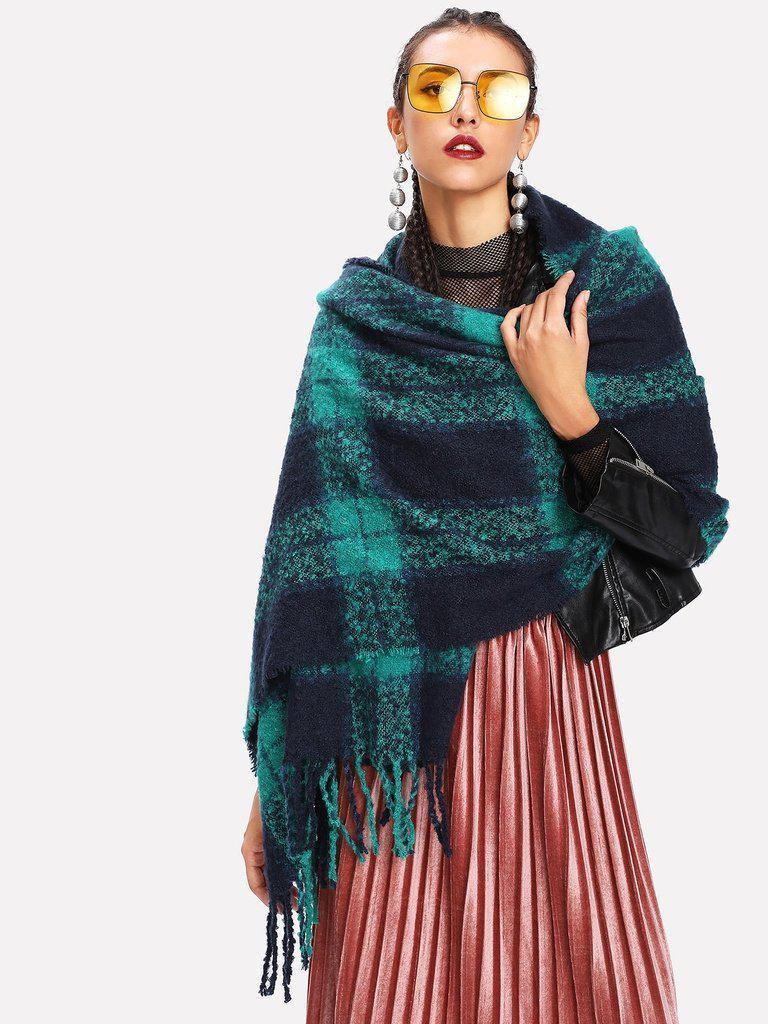 Fringe Trim Plaid Scarf-accessories-Des Mess