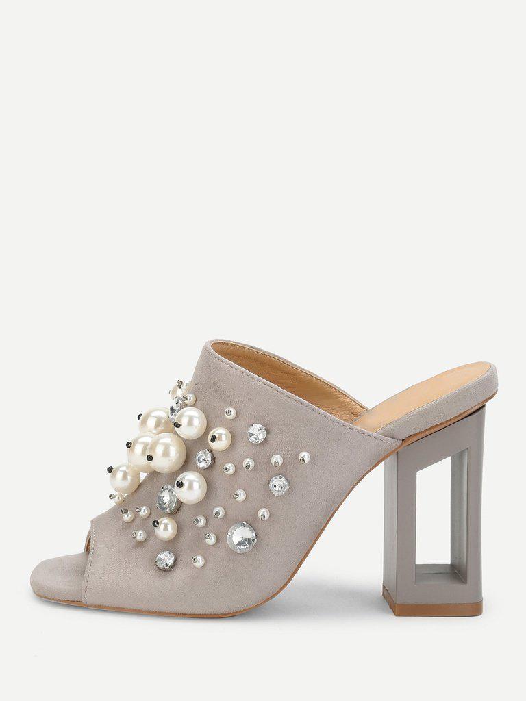 Faux Pearl Decorated Chunky Heeled Mules-shoes-Des Mess