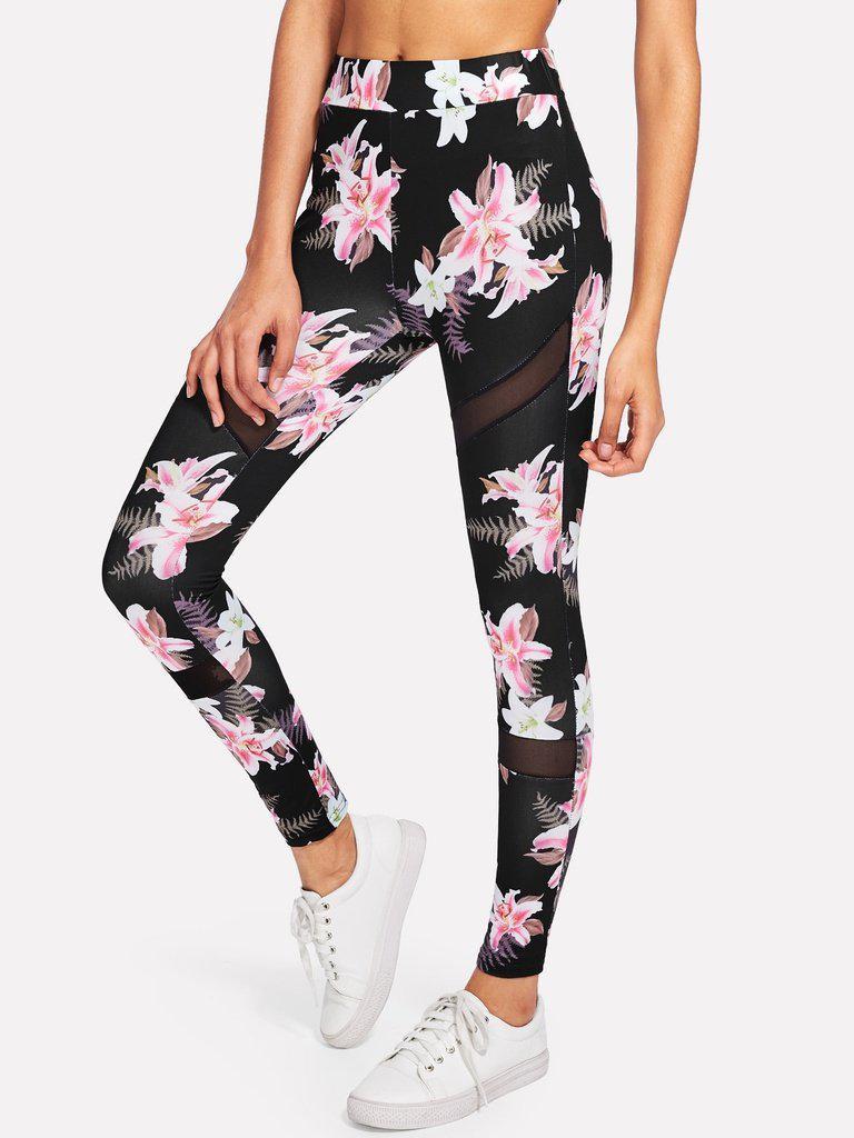 Mesh Insert Florals Leggings-bottom-Des Mess