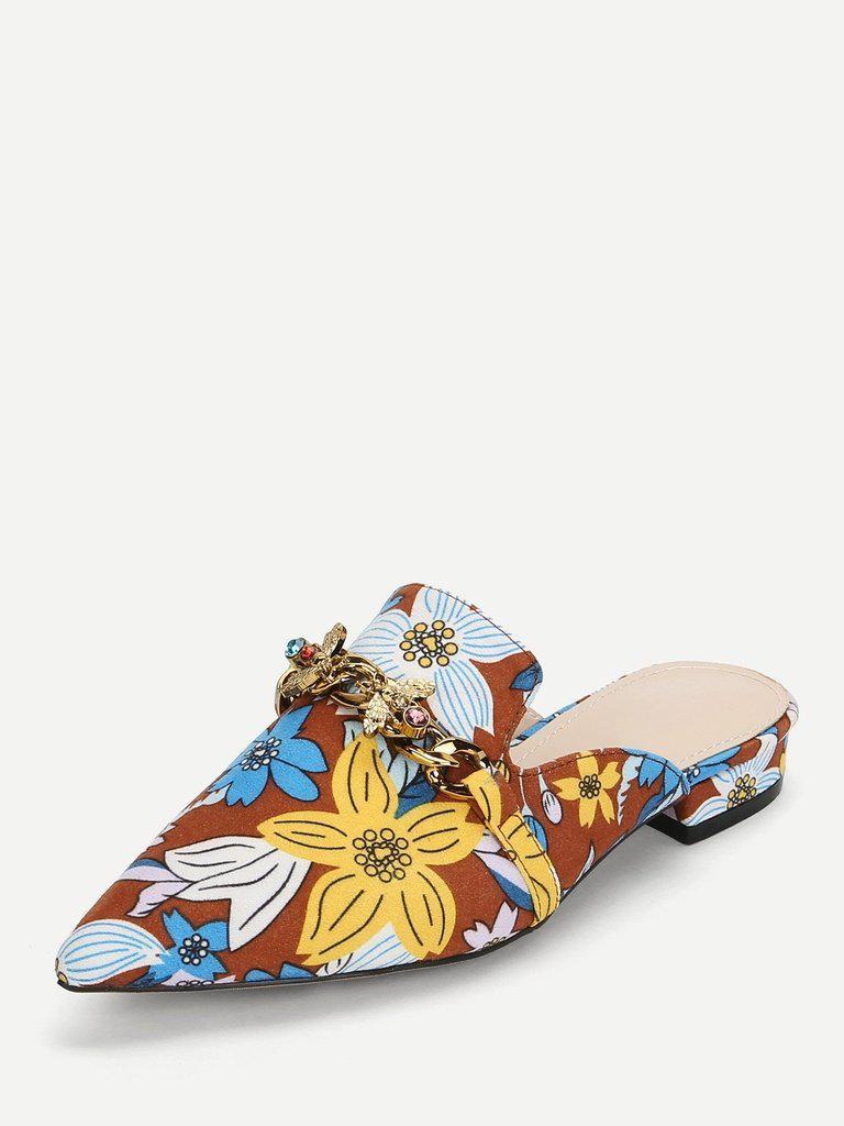 Bee Detail Calico Print Pointed Toe Flats-shoes-Des Mess