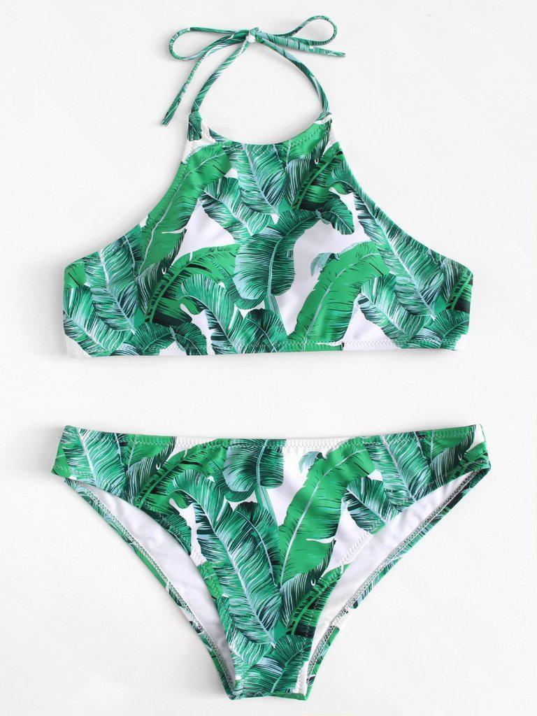 Palm Leaf Print Halter Neck Bikini Set-swimwear-Des Mess