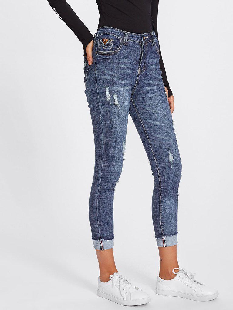 Roll Up Hem Ripped Jeans-bottom-Des Mess