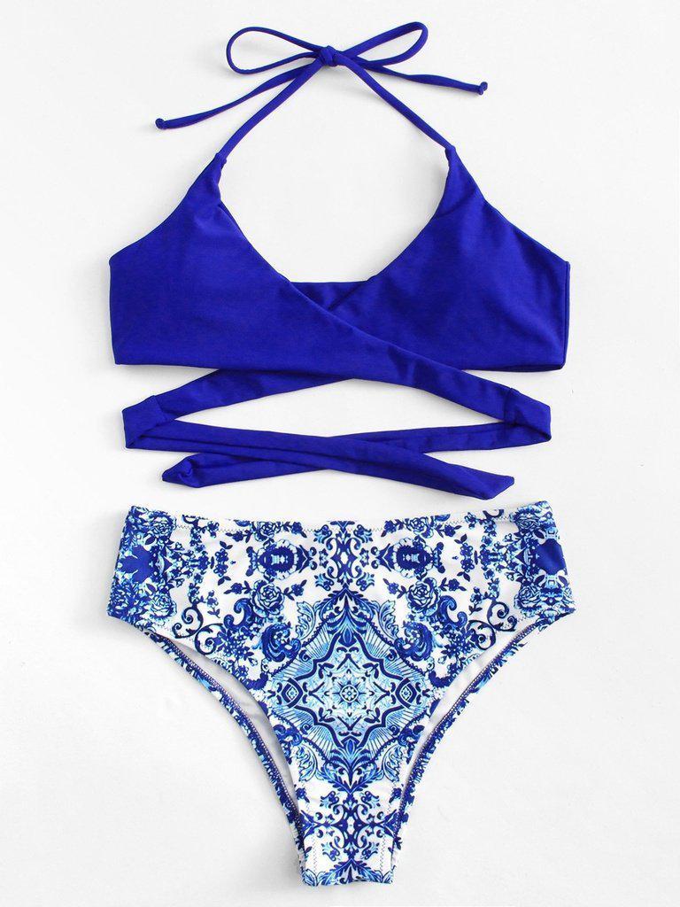 Ornate Print Crisscross Halter Bikini Set--Des Mess