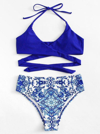 Ornate Print Crisscross Halter Bikini Set--Des Mess
