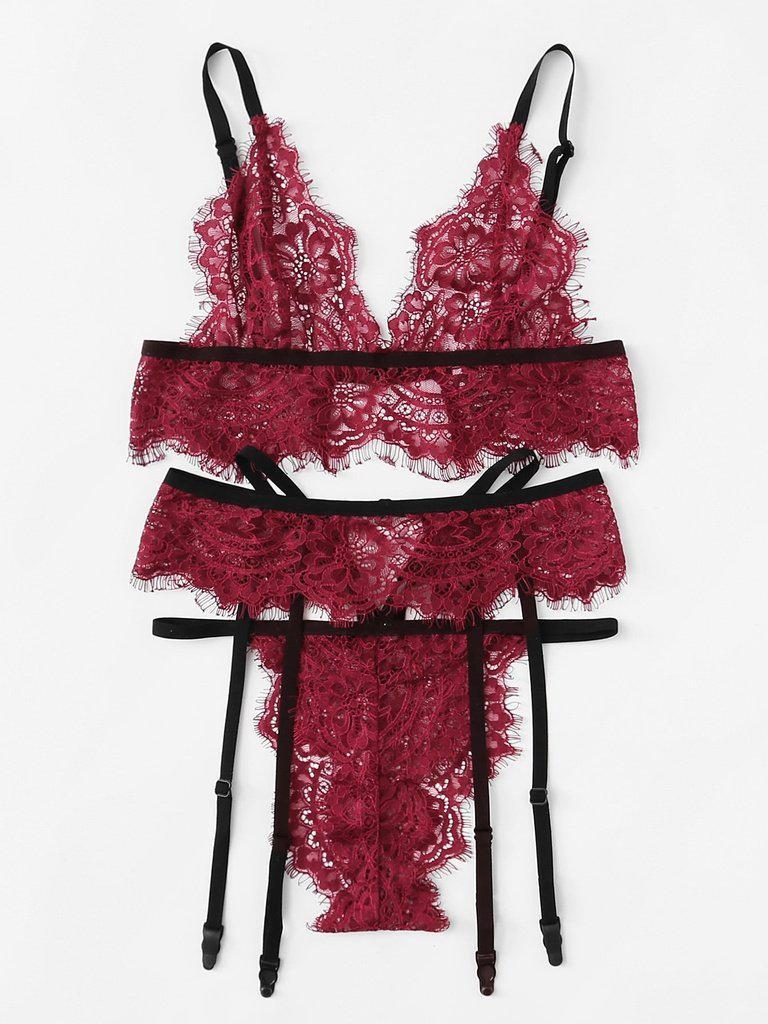 Eyelash Lace Bra And Garter Set-lingerie-Des Mess