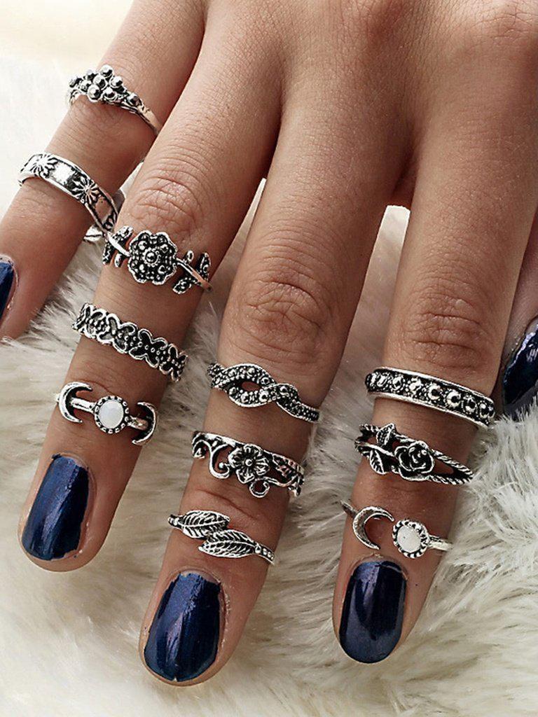 At-Silver 11Pcs/Set Moon Flower Leaf Jewelry Rings-jewelry-Des Mess