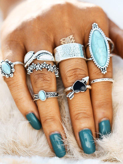 Heart & Flower Design Ring Set With Turquoise-jewelry-Des Mess