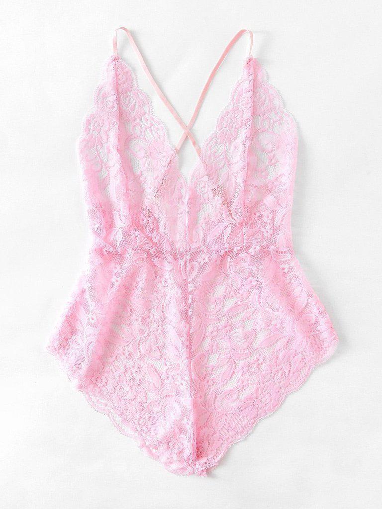 Scalloped Trim Criss Cross Lace Bodysuit-lingerie-Des Mess