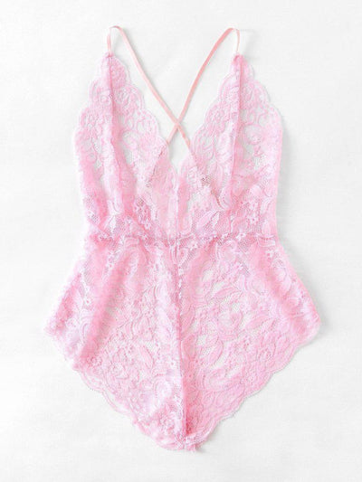 Scalloped Trim Criss Cross Lace Bodysuit-lingerie-Des Mess