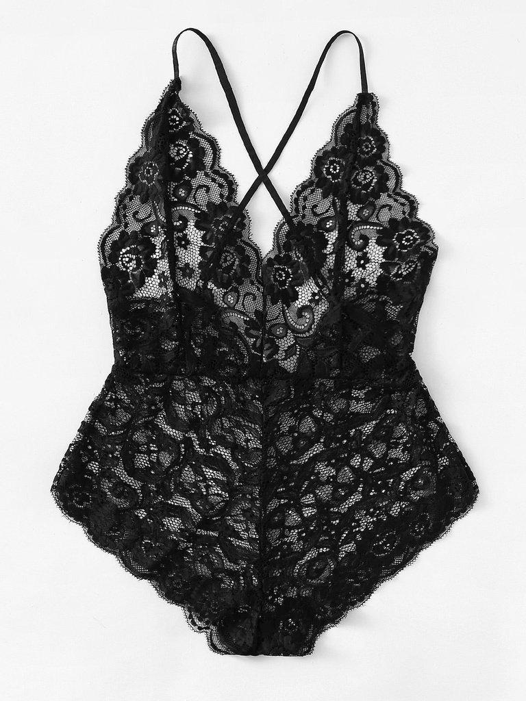 Scalloped Edge Cross Back Lace Teddy-lingerie-Des Mess