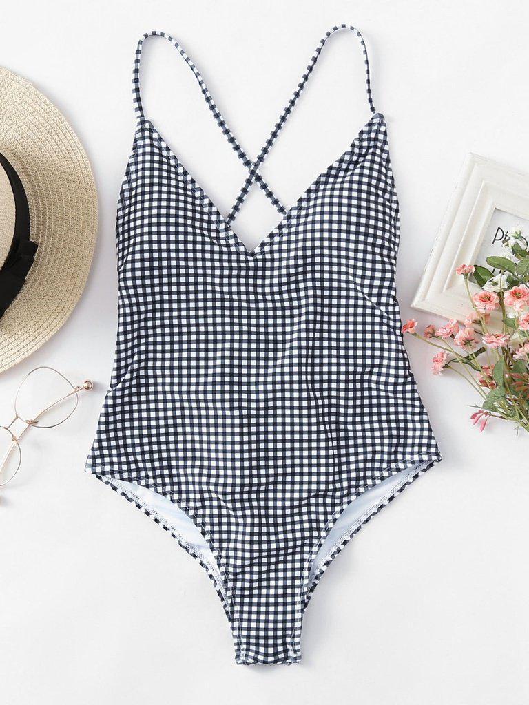Cross Back Gingham Swimsuit-swimwear-Des Mess