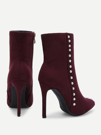 Faux Pearl Decorated Side Zipper Stiletto Boots-shoes-Des Mess