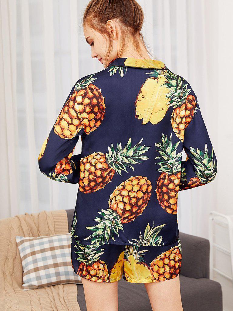 Pineapple Print Tipping Shirt & Shorts Pajama Set-loungewear-Des Mess
