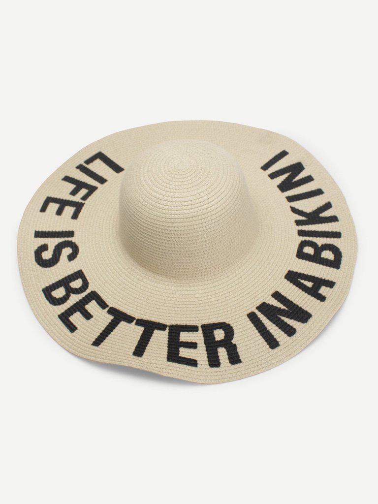 Letter Print Wide Brim Straw Hat-accessories-Des Mess