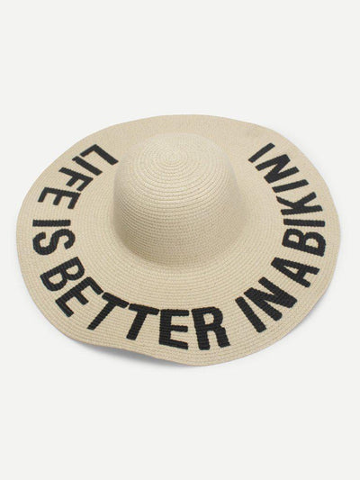 Letter Print Wide Brim Straw Hat-accessories-Des Mess