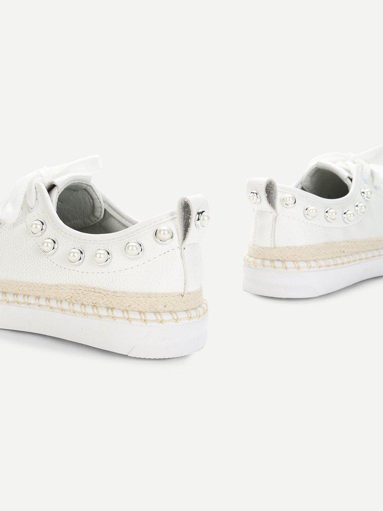 Faux Pearl Detail Lace Up Sneakers-shoes-Des Mess