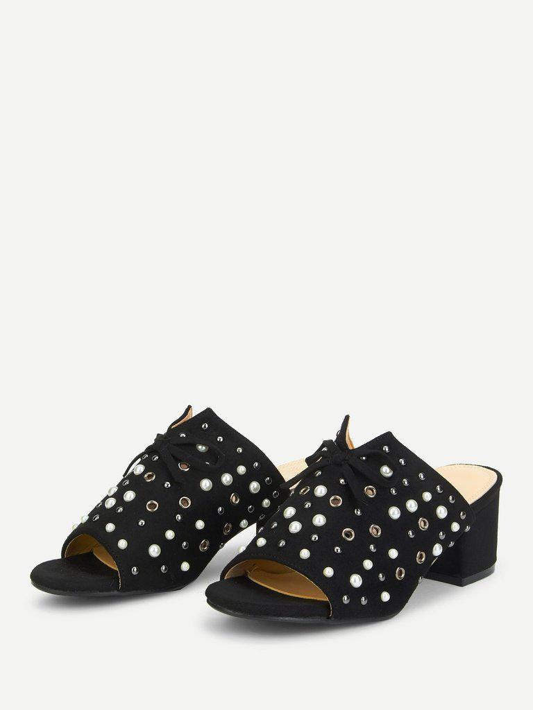 Faux Pearl Chunky Heeled Mules-shoes-Des Mess