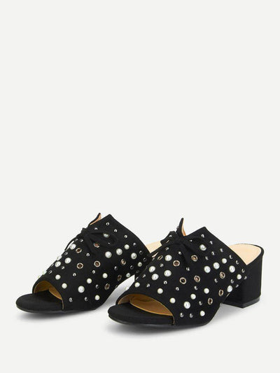 Faux Pearl Chunky Heeled Mules-shoes-Des Mess