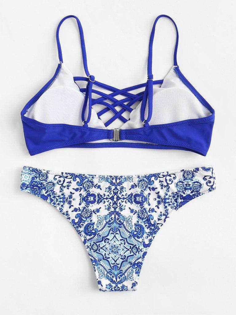 Criss Cross Front Porcelain Print Bikini Set-swimwear-Des Mess