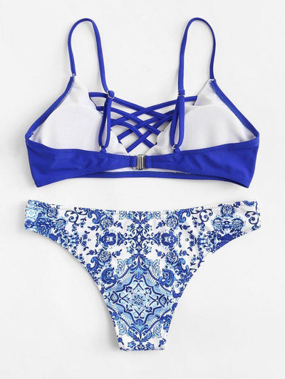 Criss Cross Front Porcelain Print Bikini Set-swimwear-Des Mess
