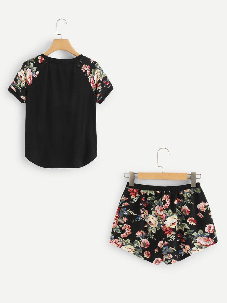 Contrast Raglan Sleeve Curved Hem Top & Floral Shorts PJ Set-loungewear-Des Mess