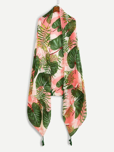 Leaf Print Tassel Decorated Scarf-accessories-Des Mess