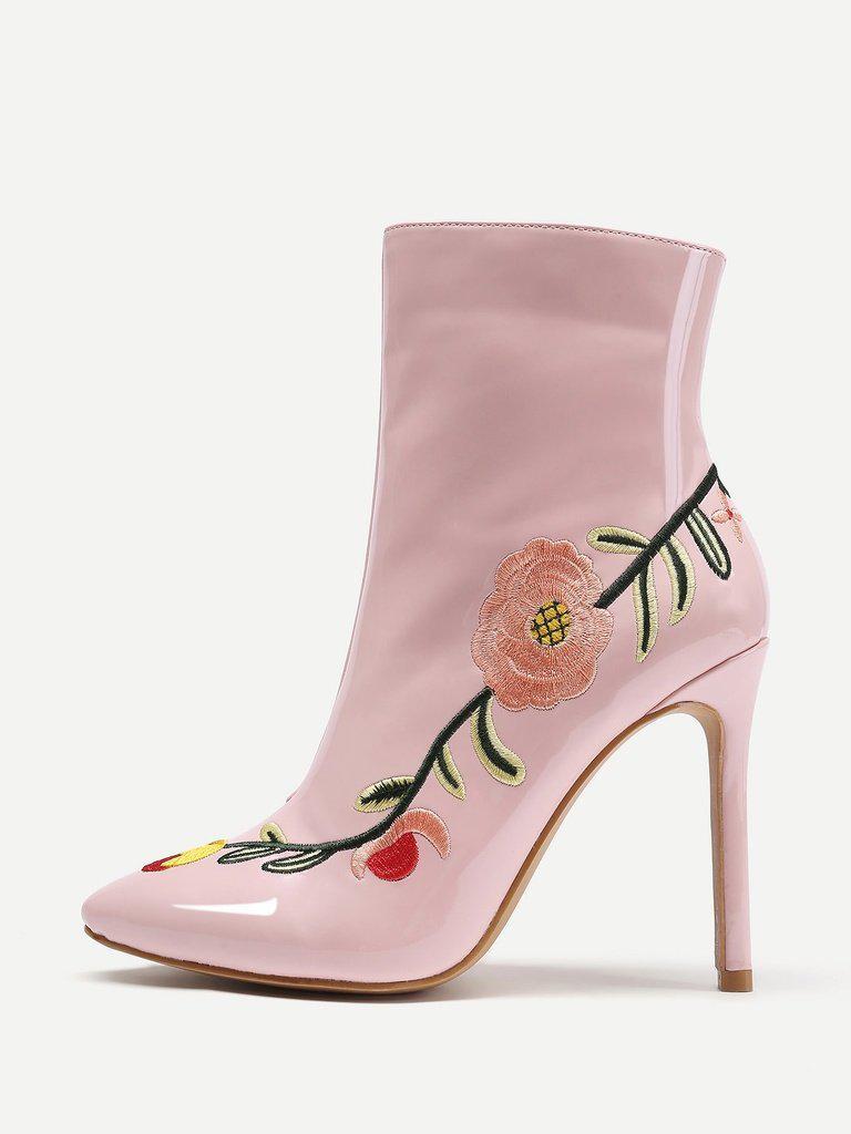 Flowers Embroidery Stiletto Ankle Boots-shoes-Des Mess