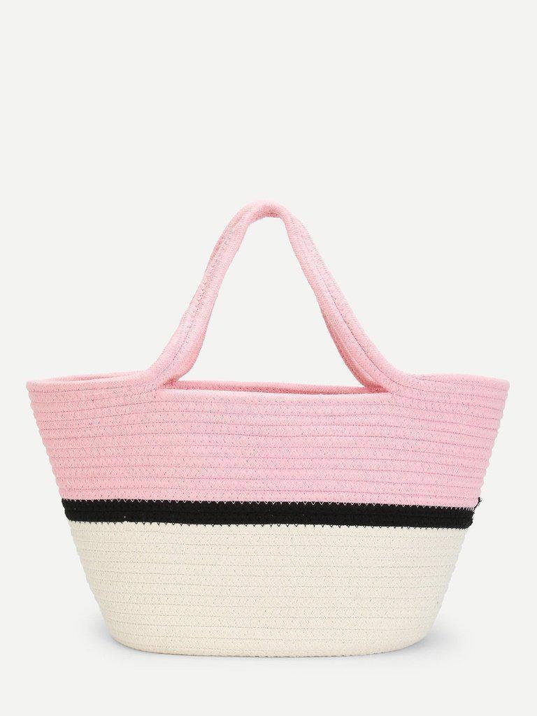 Color Block Straw Tote Bag-accessories-Des Mess