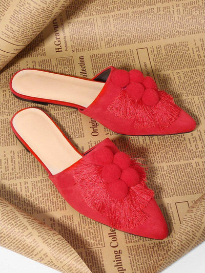 Pom Pom & Tassel Front Flat Mules-shoes-Des Mess