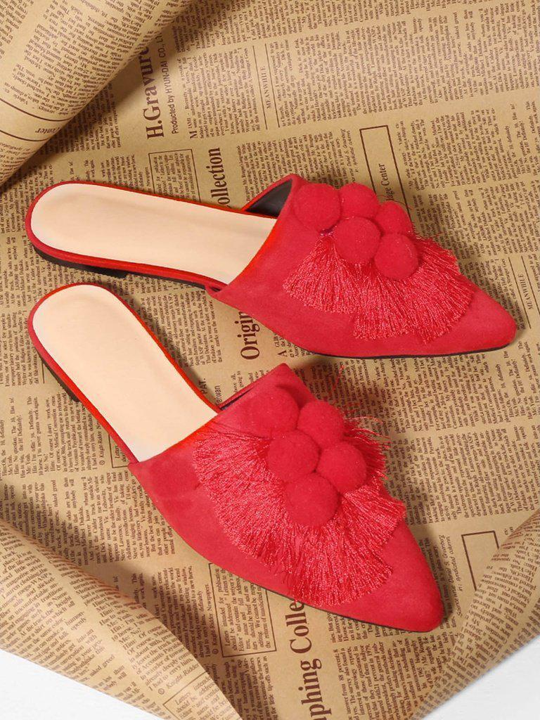 Pom Pom & Tassel Front Flat Mules-shoes-Des Mess