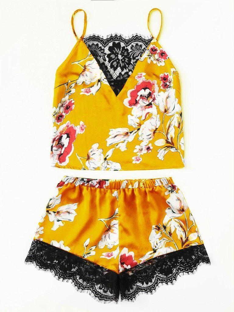 Floral Print Lace Insert Cami Top & Shorts PJ Set-loungewear-Des Mess
