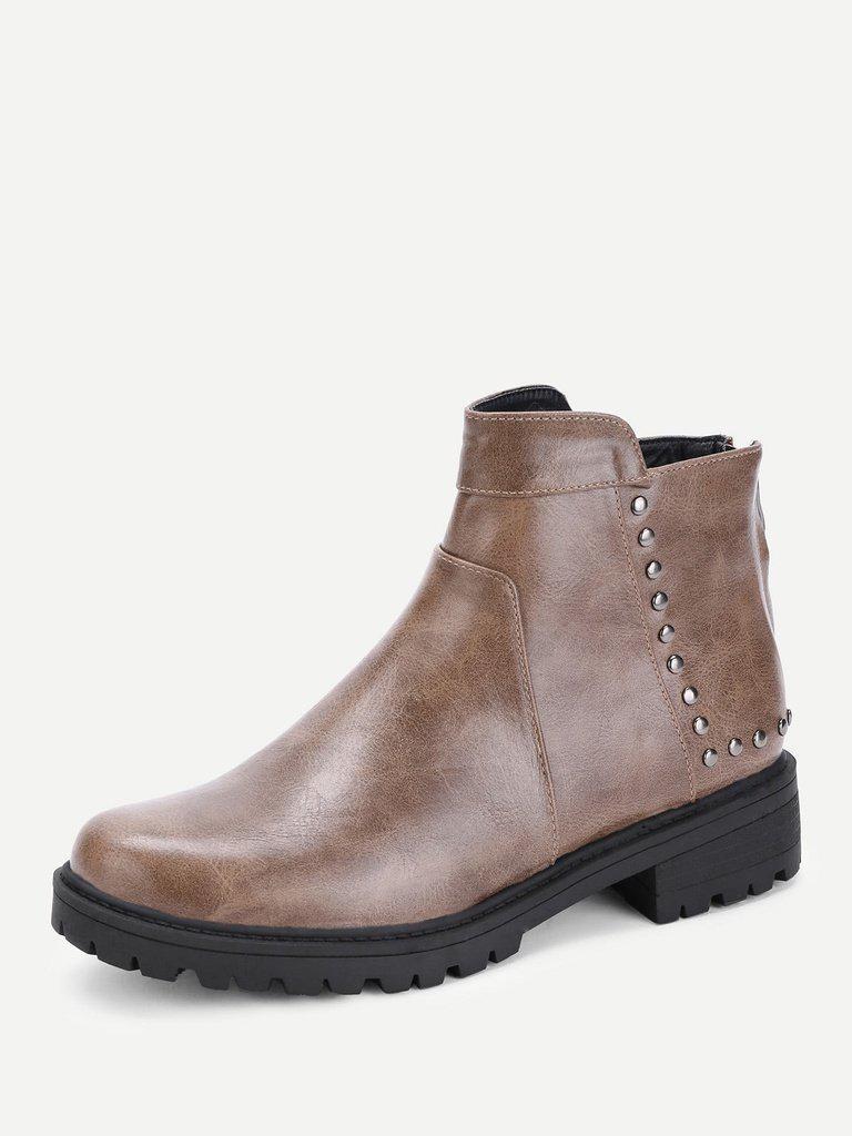 Studded Detail Back Zipper Ankle Boots-shoes-Des Mess