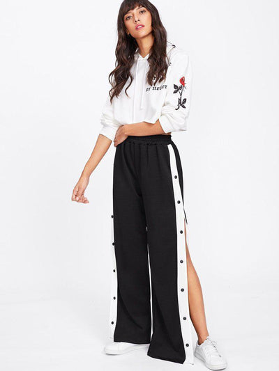 Tape Button Side Wide Leg Pants-bottom-Des Mess