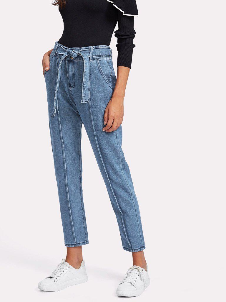 Seam Detail Self Tie Jeans-bottom-Des Mess