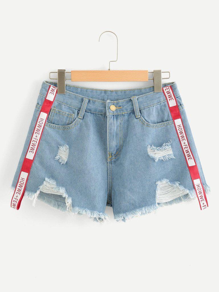 Letter Print Raw Hem Ripped Denim Shorts-bottom-Des Mess