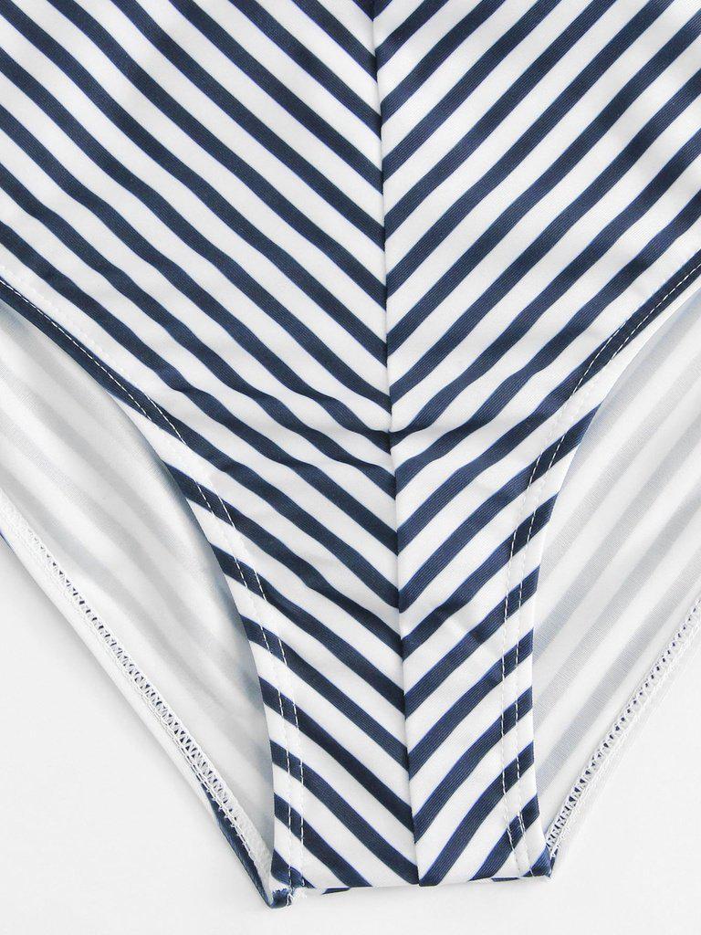 One Shoulder Ruffle Striped Swimsuit-swimwear-Des Mess