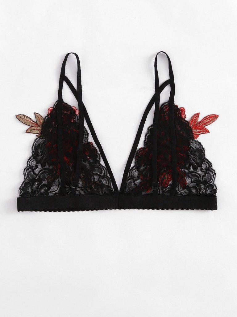 Embroidered Rose Applique Lace Bralette-lingerie-Des Mess