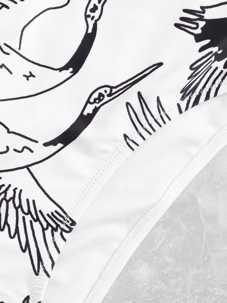 Crane Print Lace Up Back Swimsuit-swimwear-Des Mess