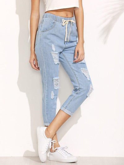 Distressed Drawstring Waist Cropped Jeans-bottom-Des Mess