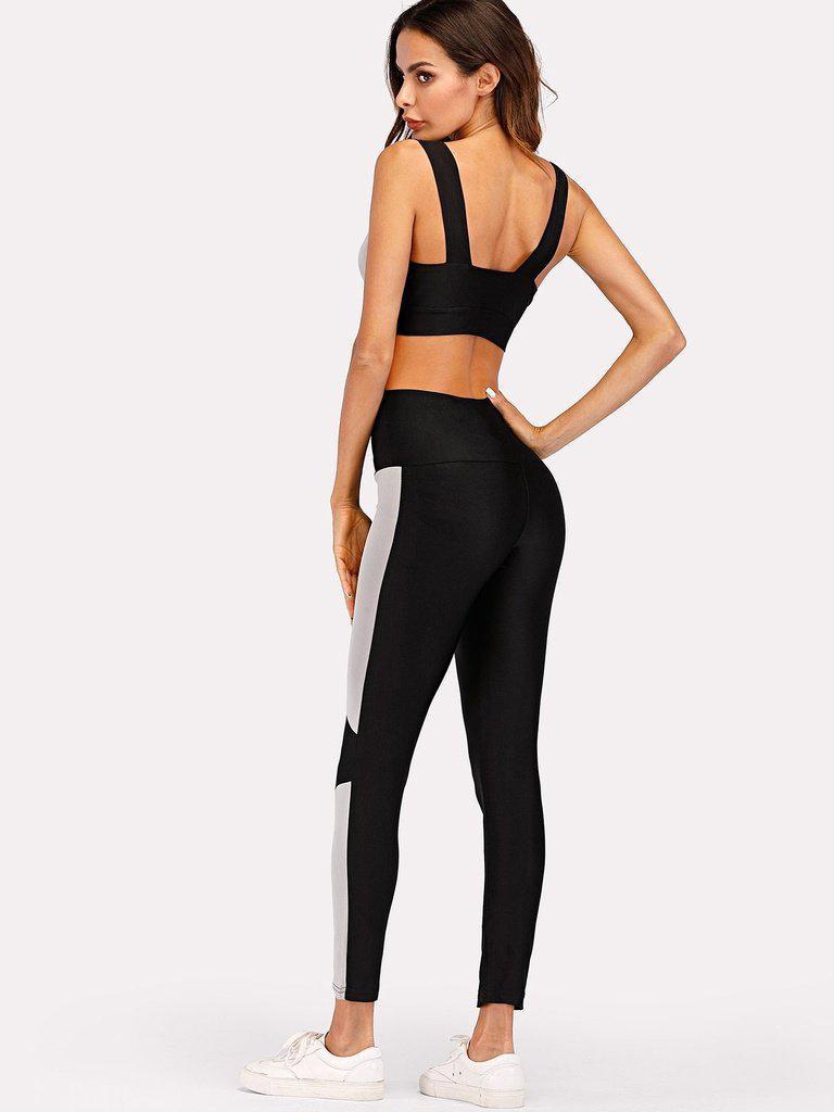 Contrast Panel Sports Bra With Leggings-sportswear-Des Mess