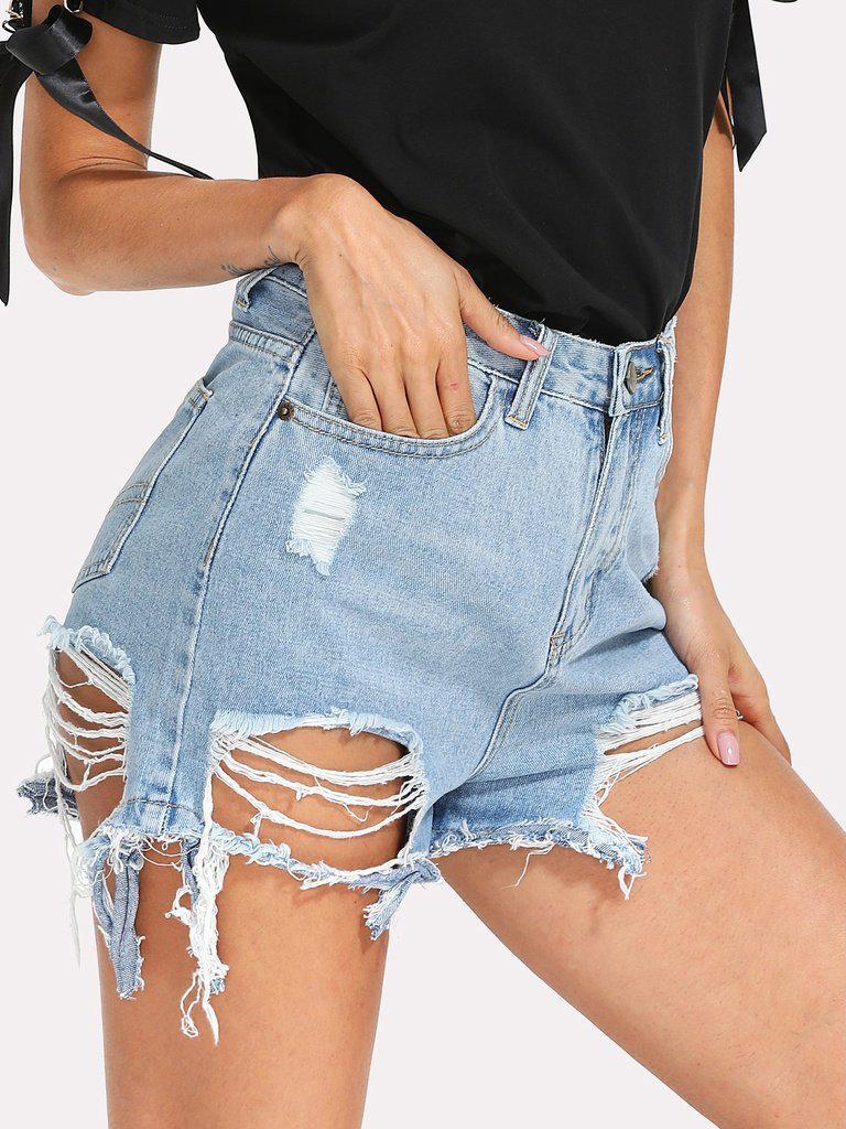 Raw Hem Destroyed Denim Shorts-bottom-Des Mess